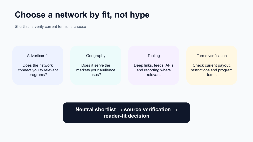 Choosing an affiliate network by advertiser fit, geography, tools and verified terms